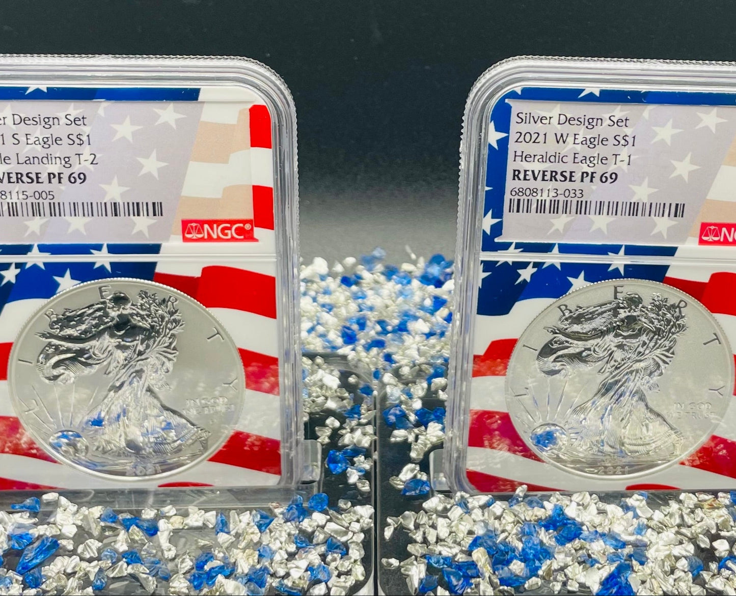 Reverse Proof 2021 Type 1 and Type 2 (2 Coin Set) $1 American Silver Eagle NGC PF69 Heraldic Eagle Label Flag Holder Mint Condition