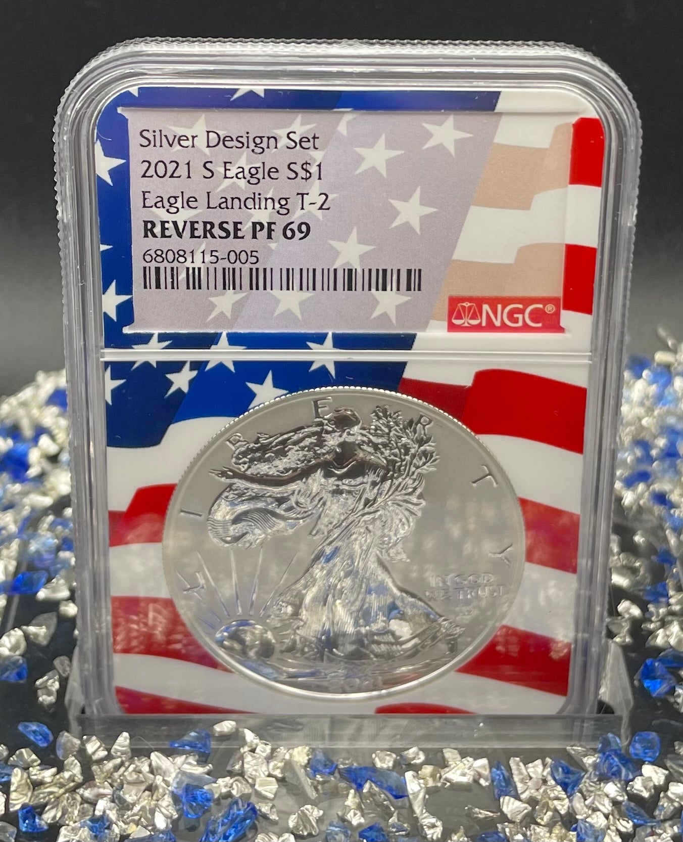 Reverse Proof 2021 Type 1 and Type 2 (2 Coin Set) $1 American Silver Eagle NGC PF69 Heraldic Eagle Label Flag Holder Mint Condition