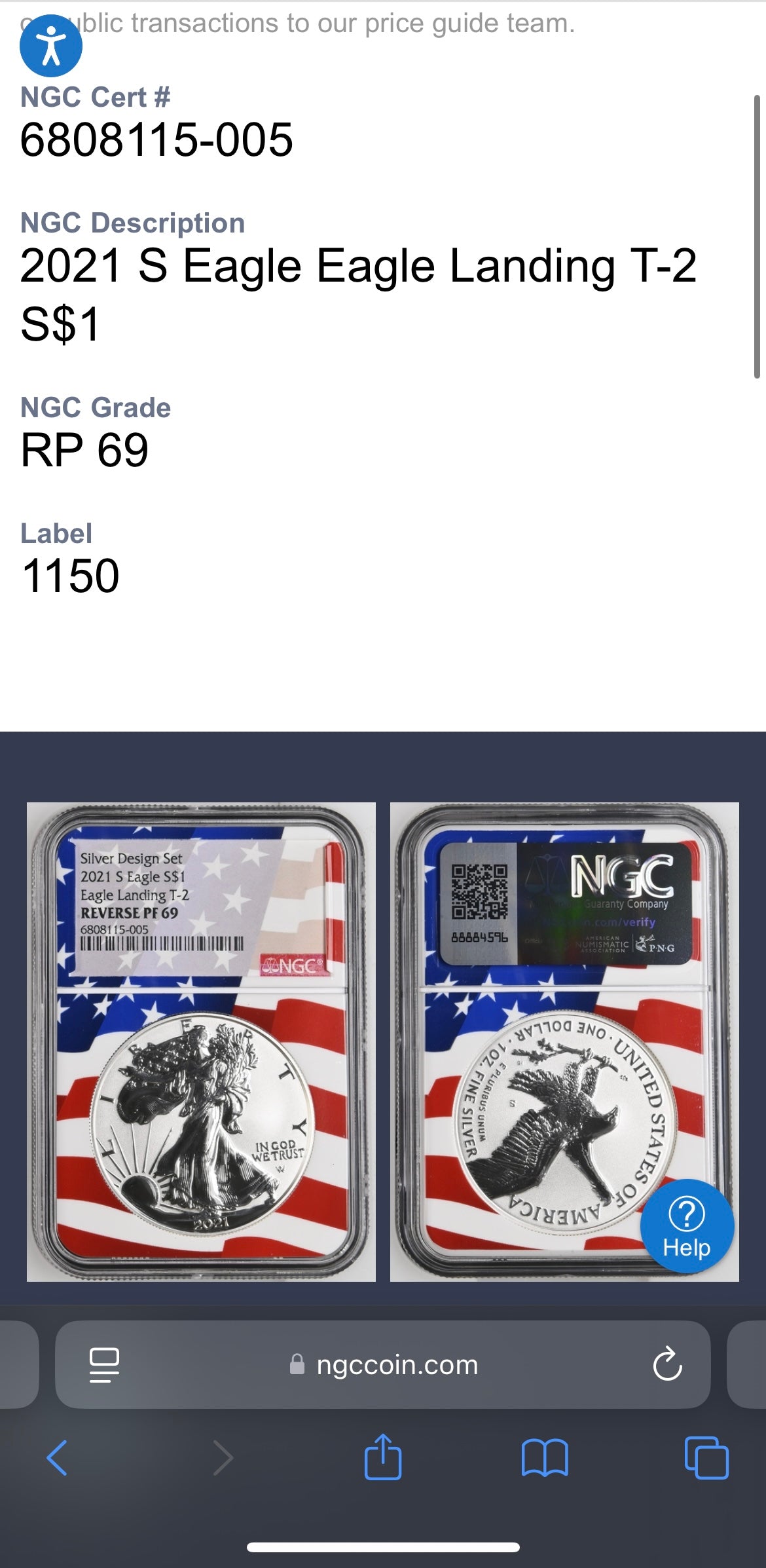Reverse Proof 2021 Type 1 and Type 2 (2 Coin Set) $1 American Silver Eagle NGC PF69 Heraldic Eagle Label Flag Holder Mint Condition