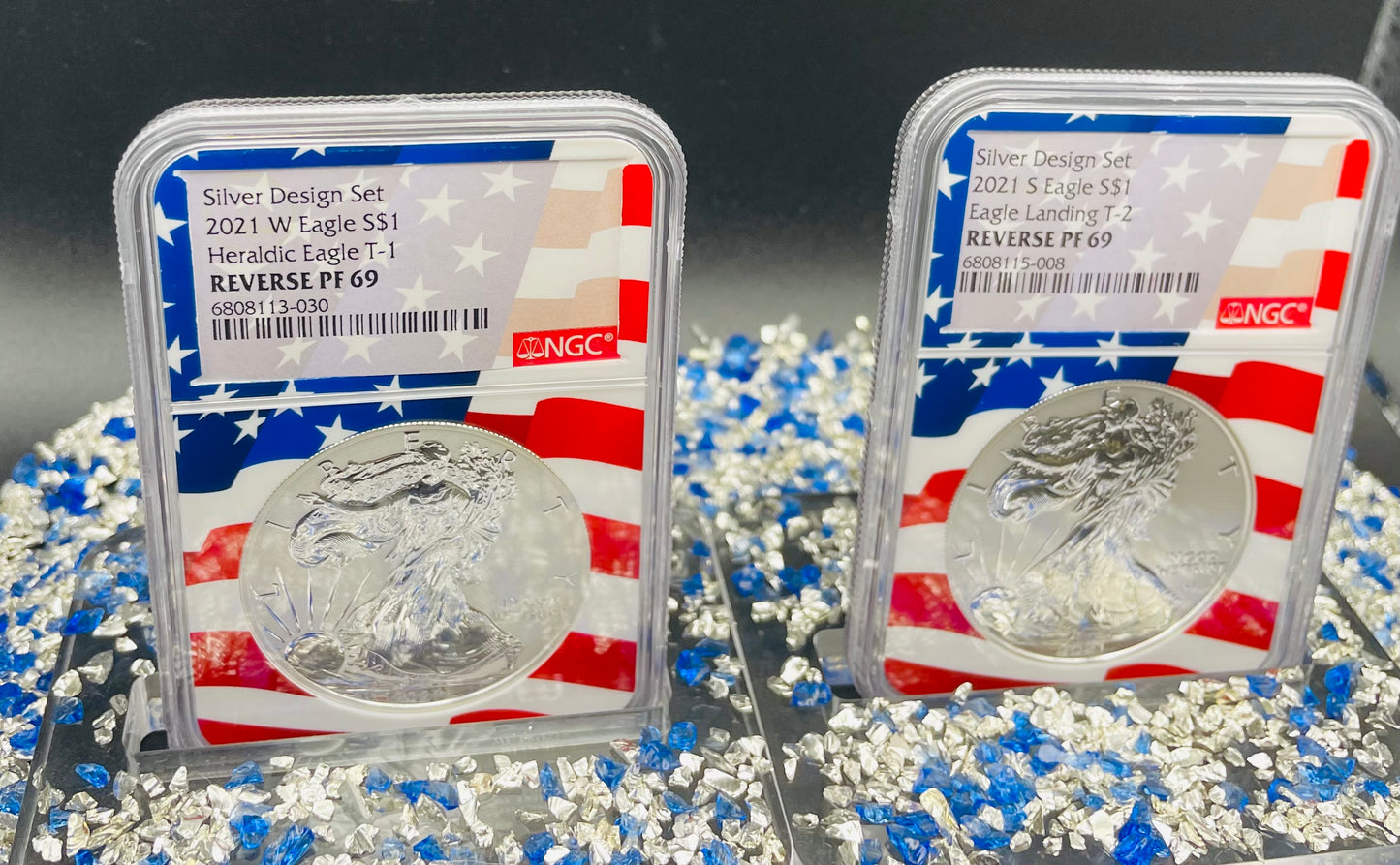 Reverse Proof 2021 Type 1 and Type 2 (2 Coin Set) $1 American Silver Eagle NGC PF69 Heraldic Eagle Label Flag Holder Mint Condition