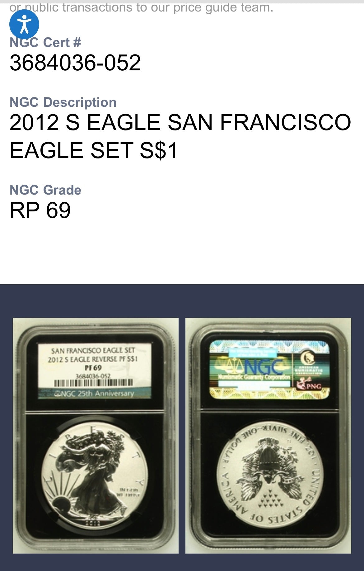 Reverse Proof 2012 (S) $1 American Silver Eagle NGC PF69 Black Core Holder Mint Condition (1 of 11,780)