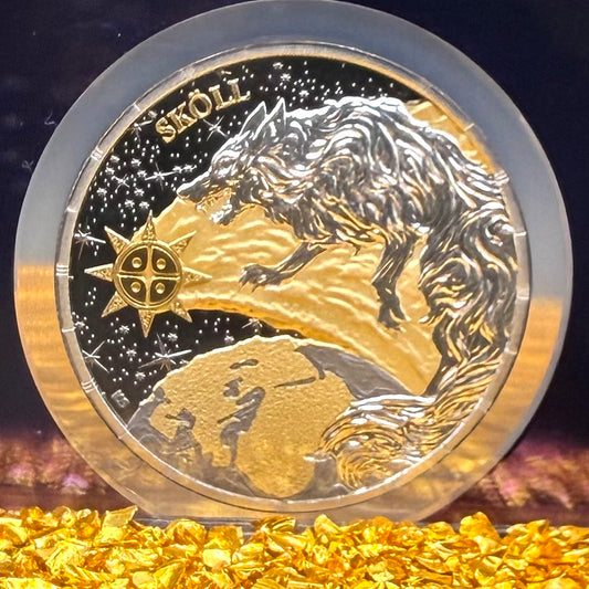 2024 1 oz .9999 Silver Private Issue NGC MS70 Ragnarok Skoll 24K Gold Gilt Finish Trader Bea Purple Holder Mint