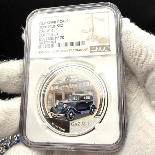 2008 Reverse Proof Niue Silver Dollar $2 NGC PF70UC Old Soviet Cars - Gaz M1 Emka Colorized (1 of 2) Mint