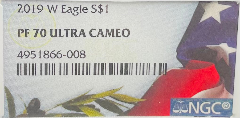 Proof 2019 (W) $1 American Silver Eagle NGC PF70 American Flag Label #487 (Rare Label)