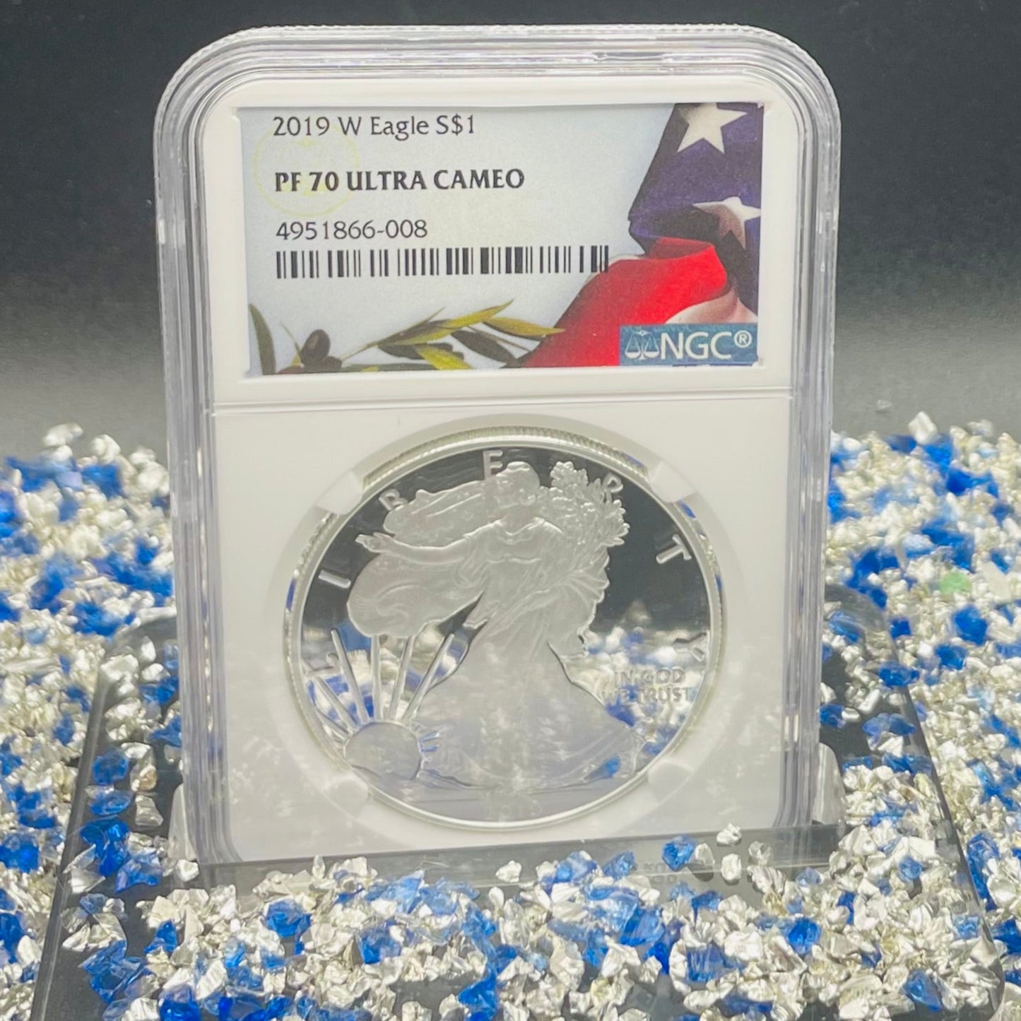 Proof 2019 (W) $1 American Silver Eagle NGC PF70 American Flag Label #487 (Rare Label)