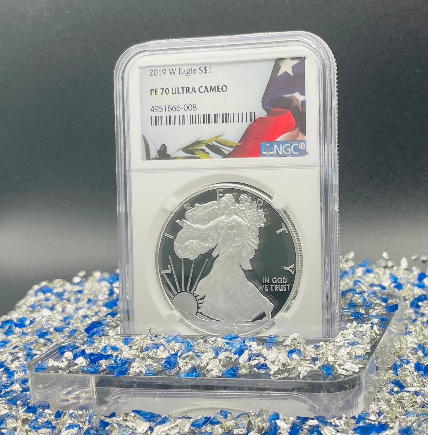 Proof 2019 (W) $1 American Silver Eagle NGC PF70 American Flag Label #487 (Rare Label)