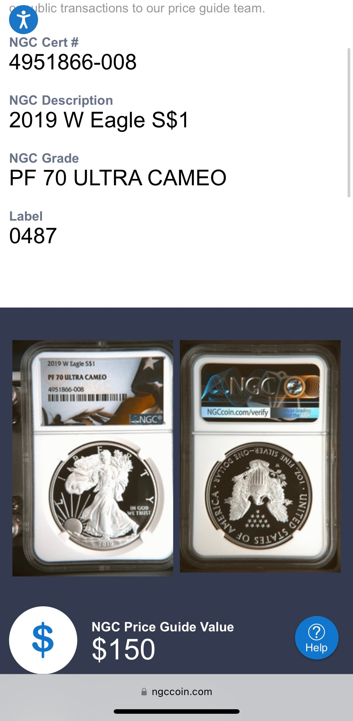 Proof 2019 (W) $1 American Silver Eagle NGC PF70 American Flag Label #487 (Rare Label)