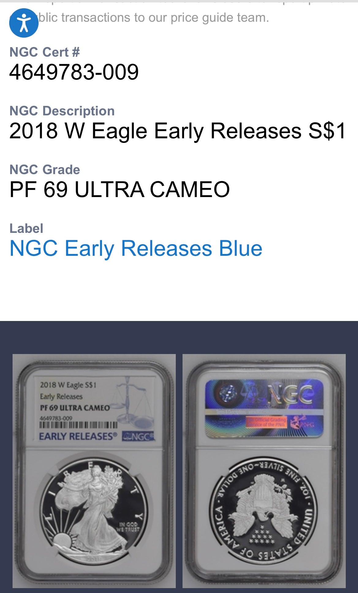 Proof 2018 (W) $1 American Silver Eagle NGC PF69 Early Releases Modern Blue Label Mint Condition (1 of 1,778)