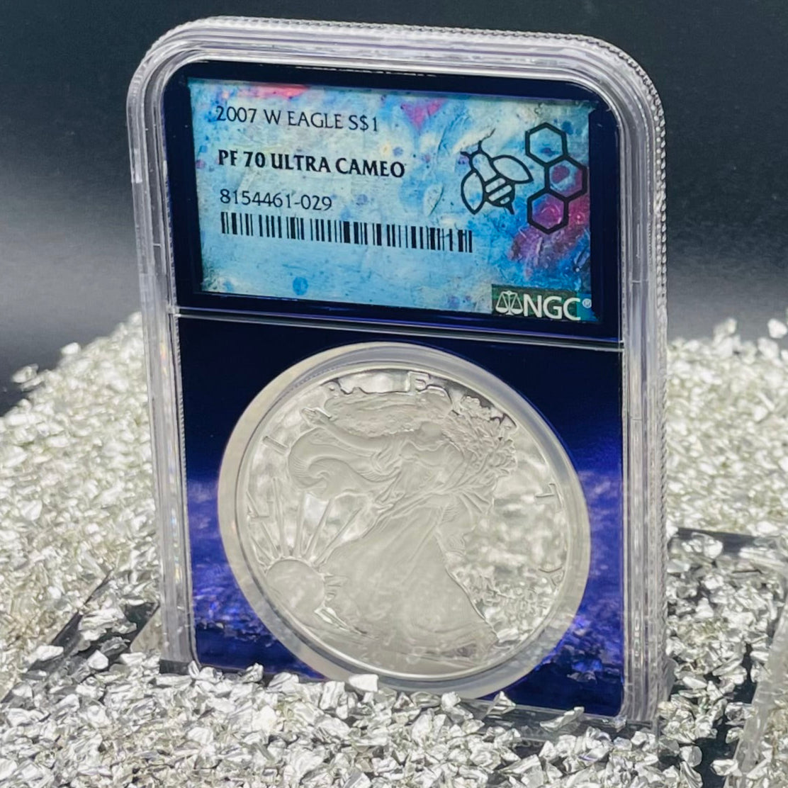 Proof 2007 (W) $1 American Silver Eagle NGC PF70 Trader Bea Private Issue Purple Foil Holder Rare