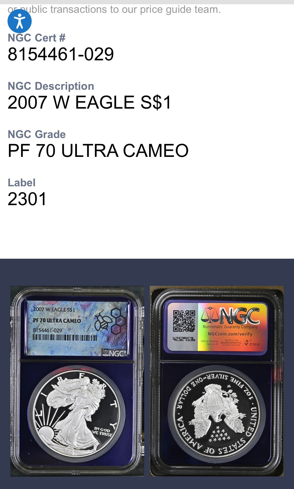 Proof 2007 (W) $1 American Silver Eagle NGC PF70 Trader Bea Private Issue Purple Foil Holder Rare