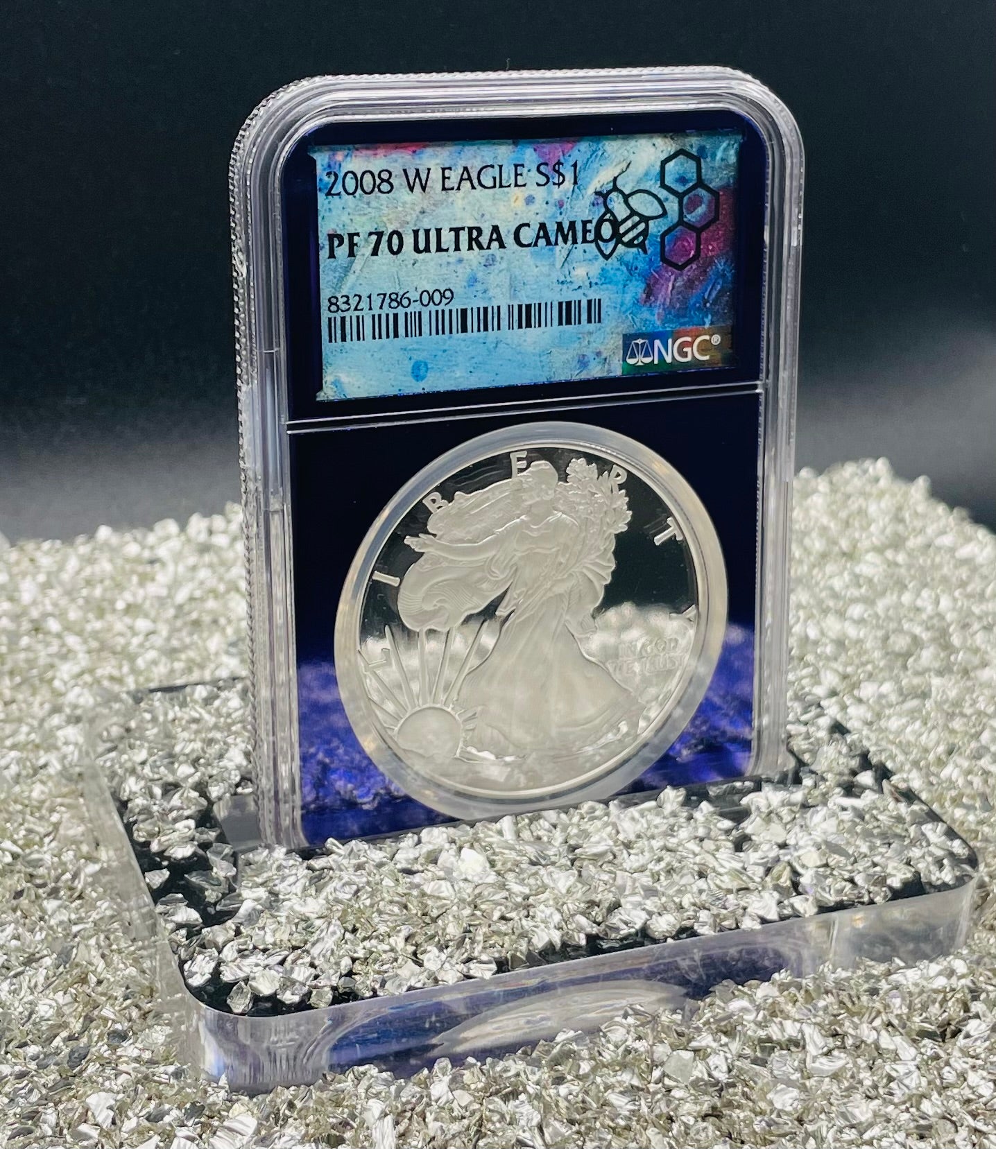 Proof 2008 (W) $1 American Silver Eagle NGC PF70 Trader Bea Private Issue Purple Foil Holder Rare