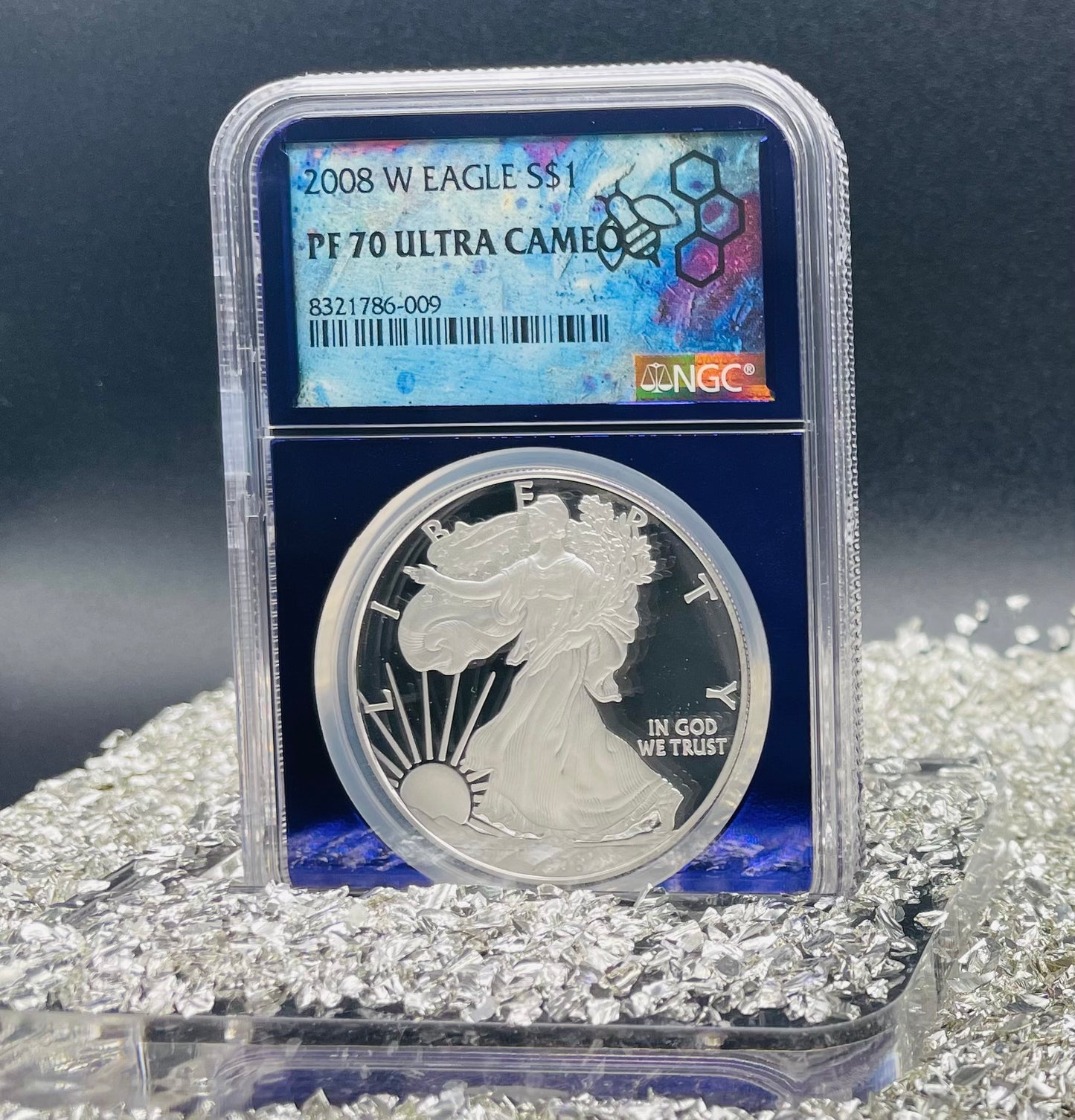 Proof 2008 (W) $1 American Silver Eagle NGC PF70 Trader Bea Private Issue Purple Foil Holder Rare