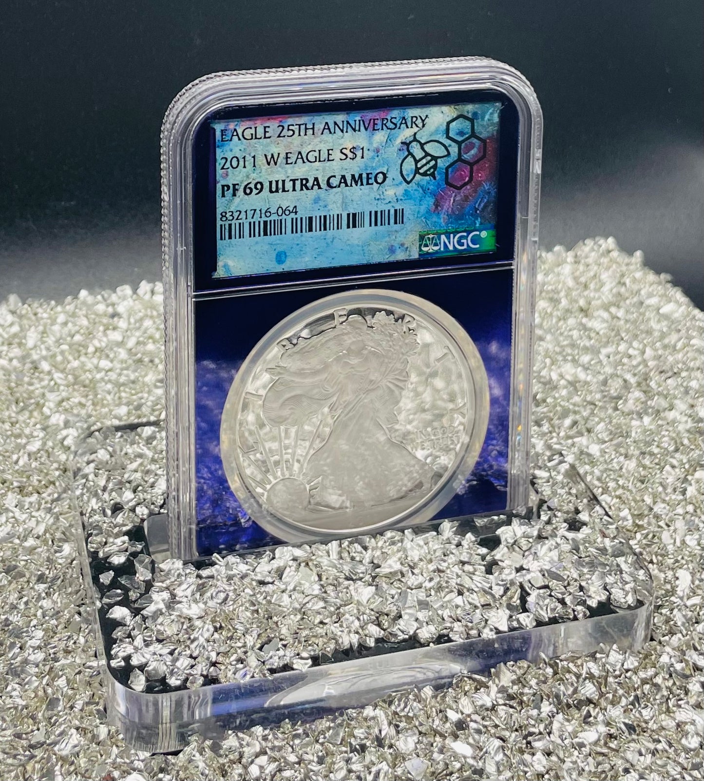 Proof 2011 (W) $1 American Silver Eagle NGC PF69 25th Anniversary Label Trader Bea Private Issue Purple Foil Holder Rare