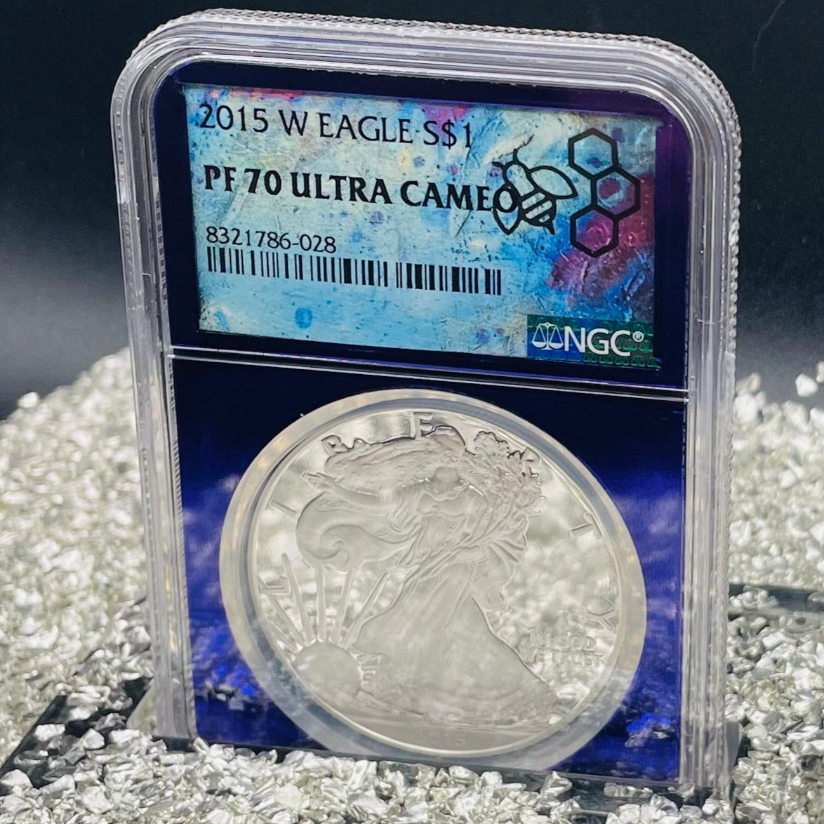 Proof 2015 (W) $1 American Silver Eagle NGC PF70 Trader Bea Private Issue Purple Foil Holder. Rare