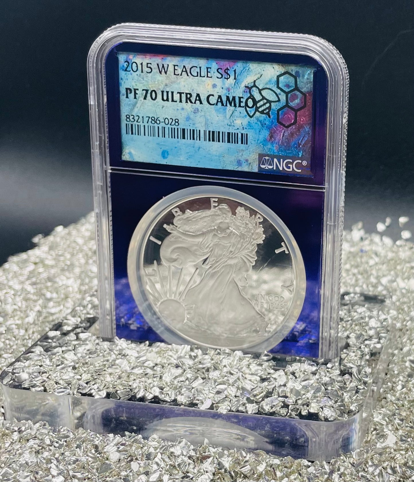 Proof 2015 (W) $1 American Silver Eagle NGC PF70 Trader Bea Private Issue Purple Foil Holder. Rare