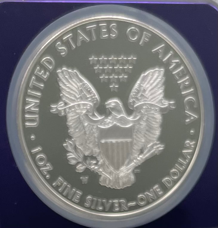 Proof 2015 (W) $1 American Silver Eagle NGC PF70 Trader Bea Private Issue Purple Foil Holder. Rare