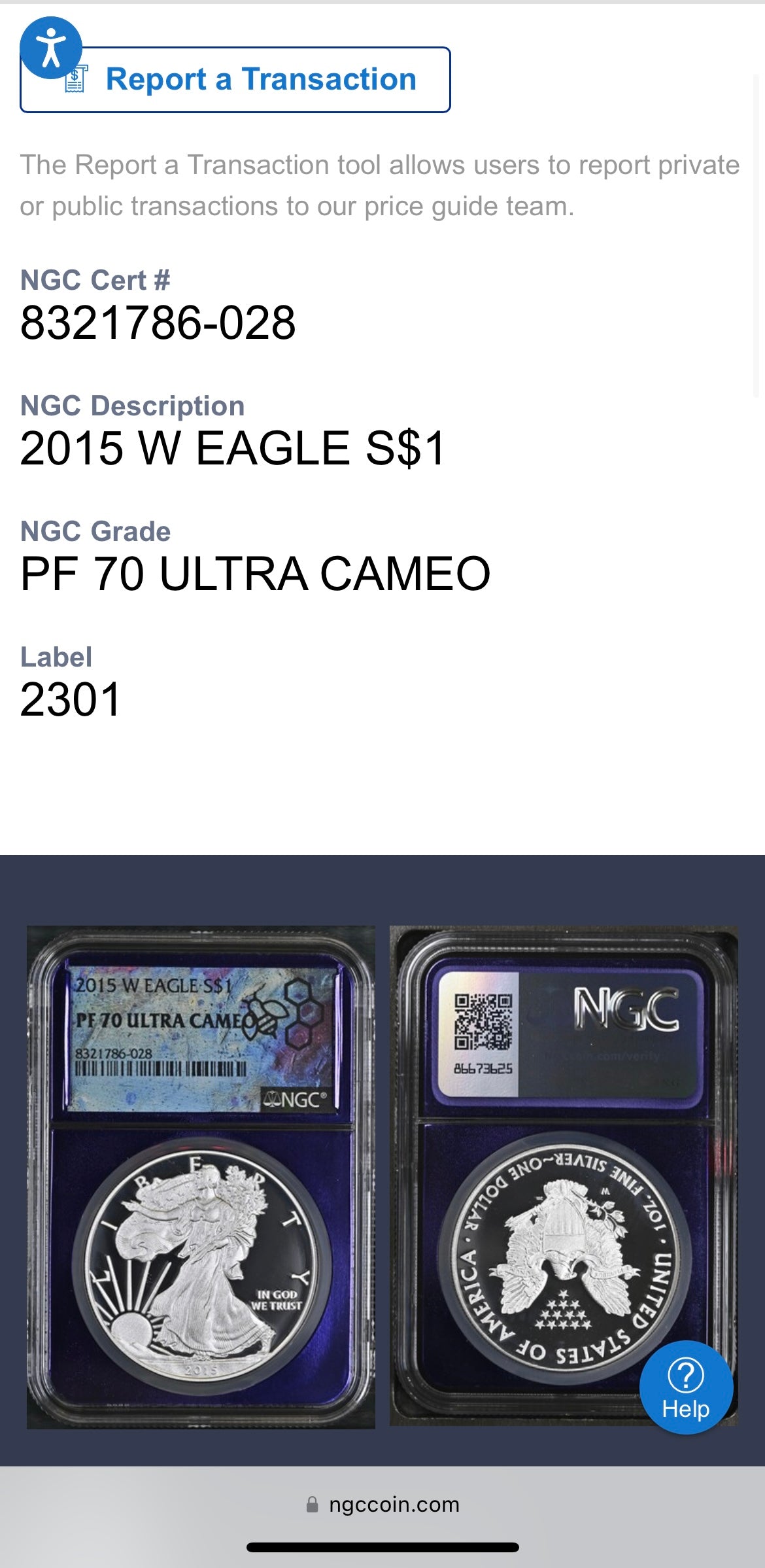 Proof 2015 (W) $1 American Silver Eagle NGC PF70 Trader Bea Private Issue Purple Foil Holder. Rare