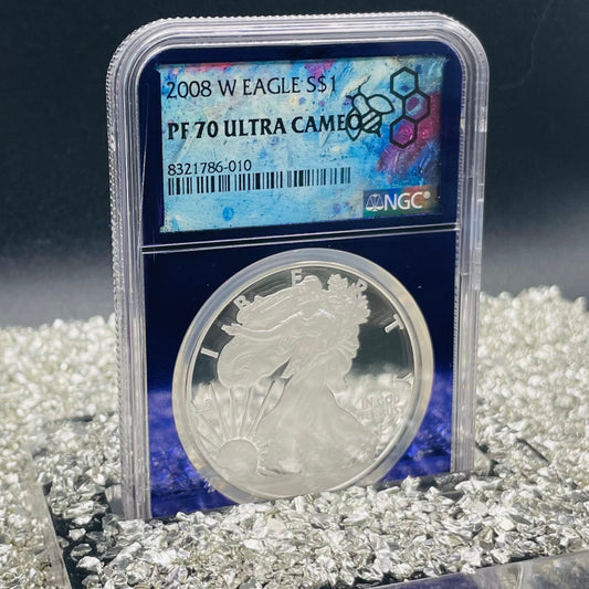Proof 2008 (W) $1 American Silver Eagle NGC PF70 Trader Bea Private Issue Purple Foil Holder Rare