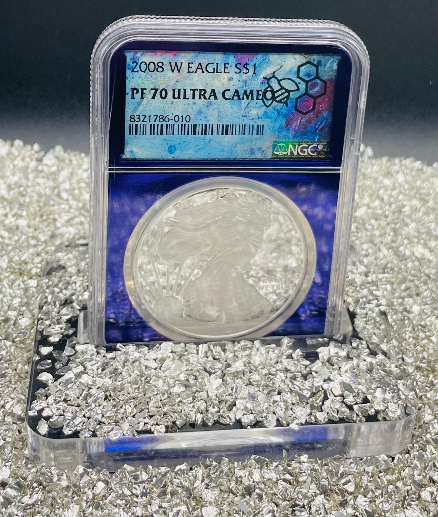 Proof 2008 (W) $1 American Silver Eagle NGC PF70 Trader Bea Private Issue Purple Foil Holder Rare