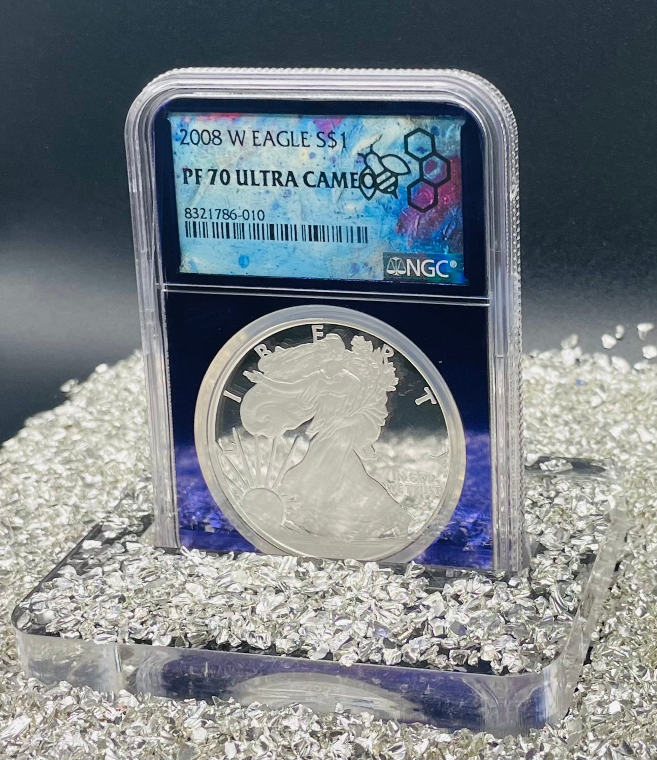Proof 2008 (W) $1 American Silver Eagle NGC PF70 Trader Bea Private Issue Purple Foil Holder Rare