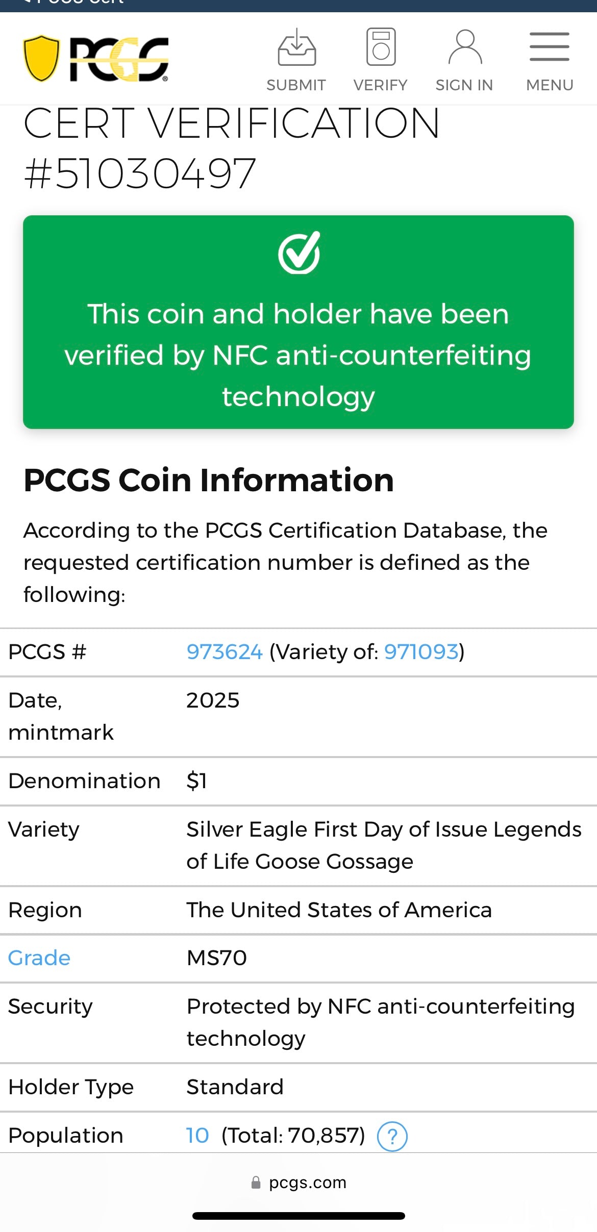 2025 $1 American Silver Eagle PCGS MS70 FDOI Legends of Life MLB Hall of Fame Goose Gossage Signed Label Mint Condition (Rare 1 of 10)