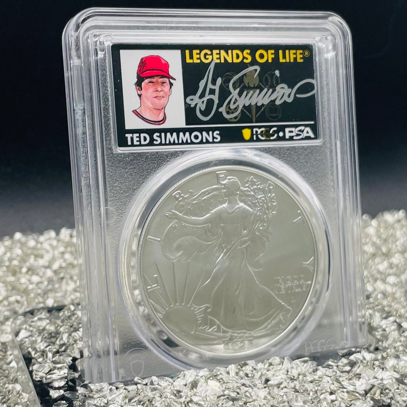 2025 $1 American Silver Eagle PCGS MS70 FDOI Legends of Life MLB Hall of Fame Ted Simmons Signed Label Mint Condition (Rare 1 of 10)
