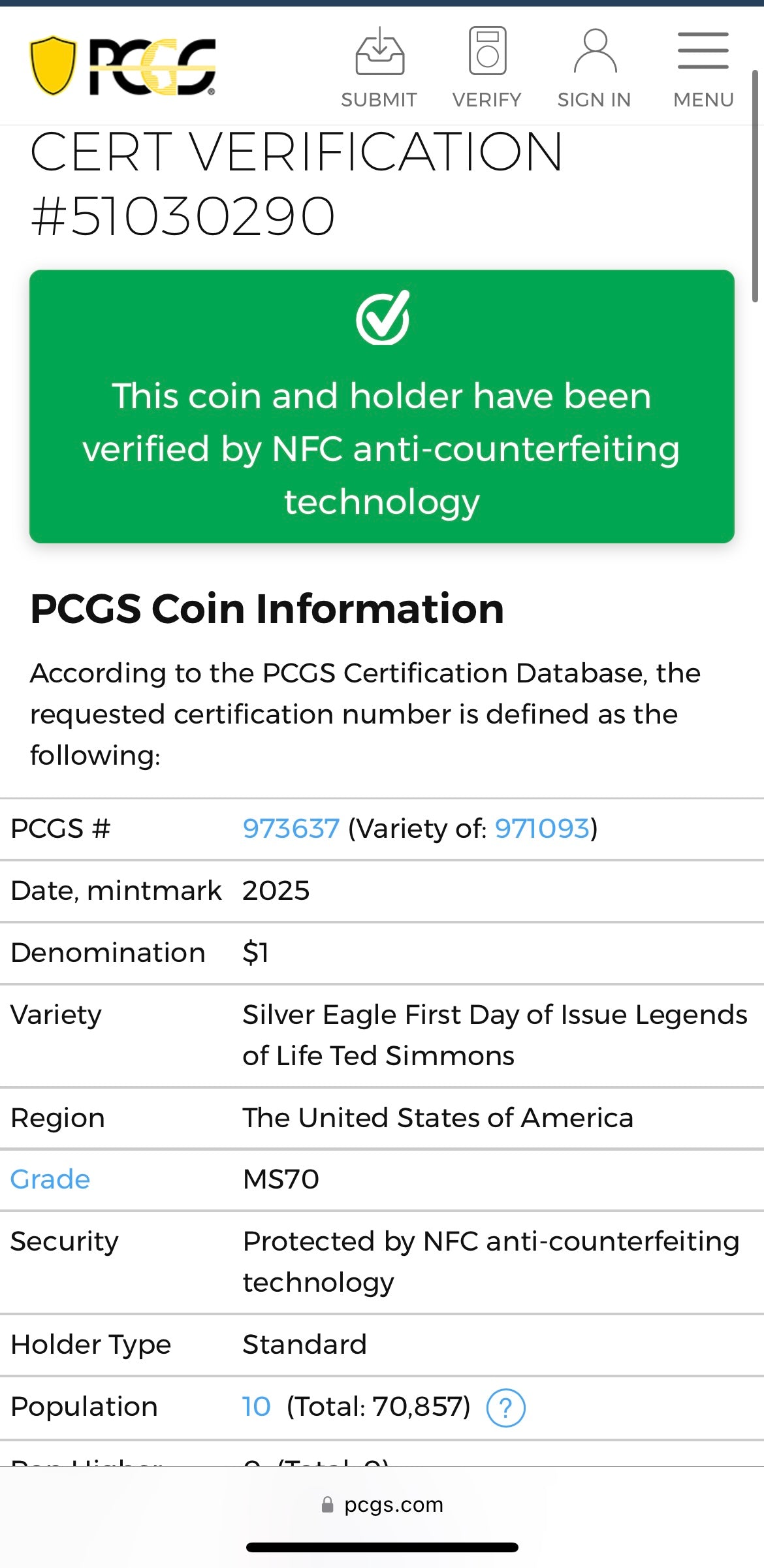 2025 $1 American Silver Eagle PCGS MS70 FDOI Legends of Life MLB Hall of Fame Ted Simmons Signed Label Mint Condition (Rare 1 of 10)