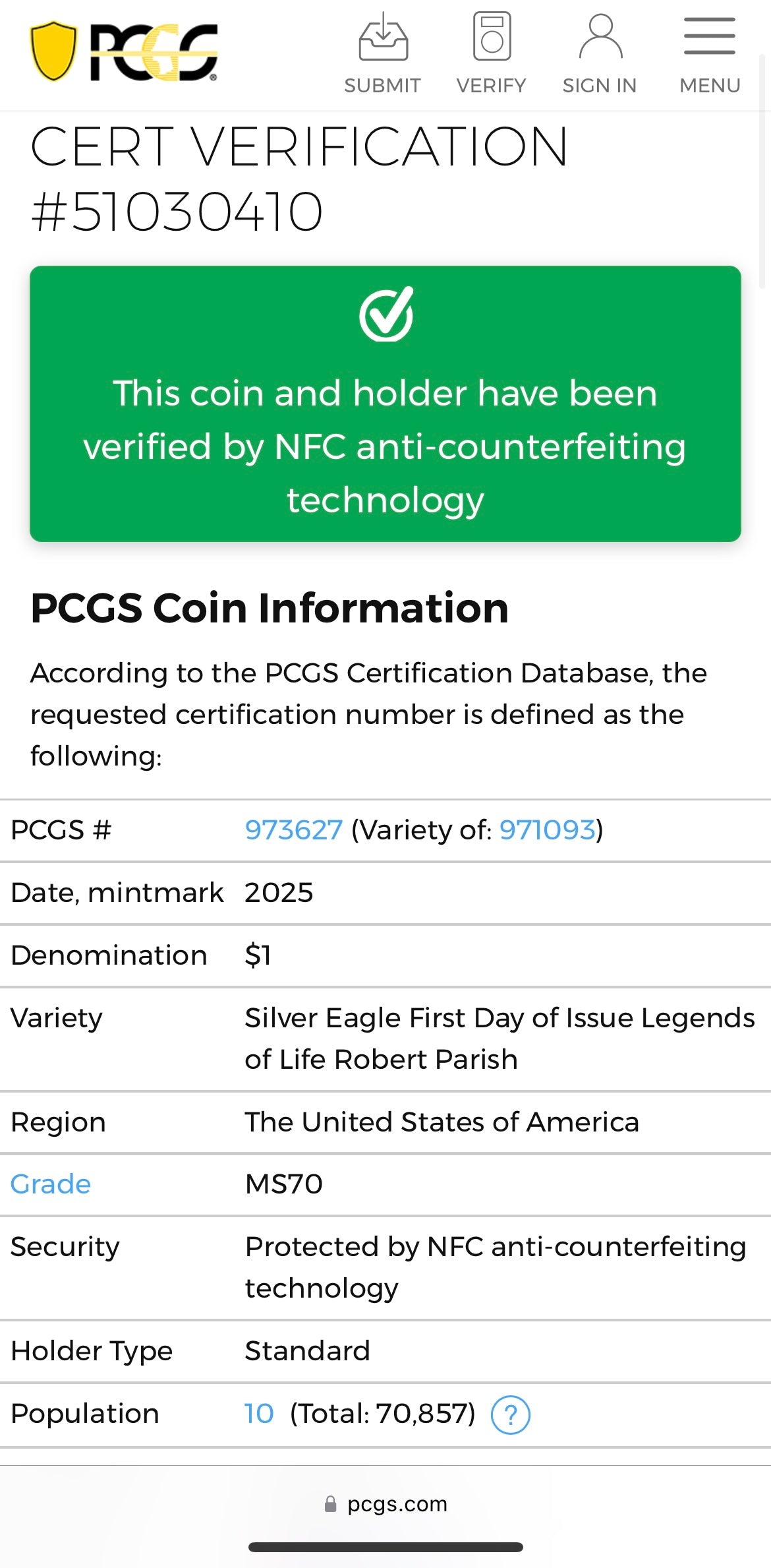 2025 $1 American Silver Eagle PCGS MS70 FDOI Legends of Life NBA Hall of Fame Robert Parish Signed Label Mint Condition (Rare 1 of 10)