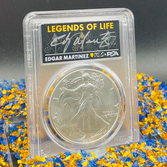2021 $1 American Silver Eagle PCGS MS70 First Production T-2 Legends of Life MLB Hall of Fame Edgar Martinez Signed Label (1 of 207)