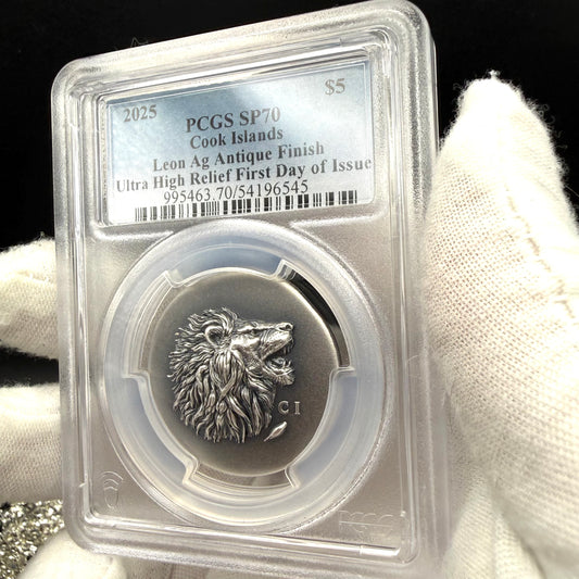 2025 1 oz $5 Cook Islands Silver Dollar PCGS FDOI SP70 Burnished Ultra High Relief Leon Antique Finish (1 of 50) Mint!