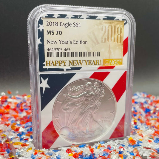 2018 $1 American Silver Eagle NGC MS70 New Years Edition Ultra Rare Holder & Label