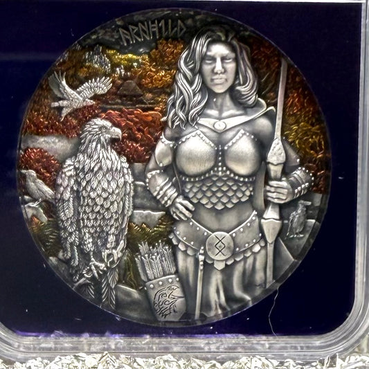 2025 2 oz .9999 Silver Private Issue NGC MS70 Valkyries - Arnhild Colorized Antiqued Purple Holder Mint