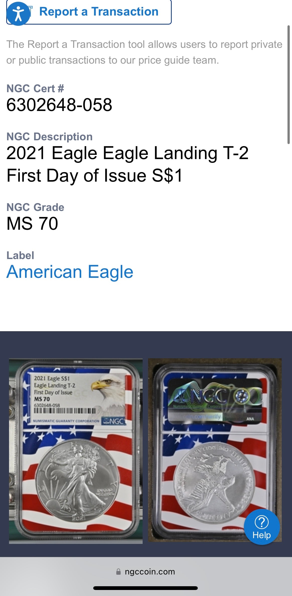 2021 $1 American Silver Eagle NGC MS70 First Day of Issue Type 2 Flag Holder Mint Condition (1 of 4,075)