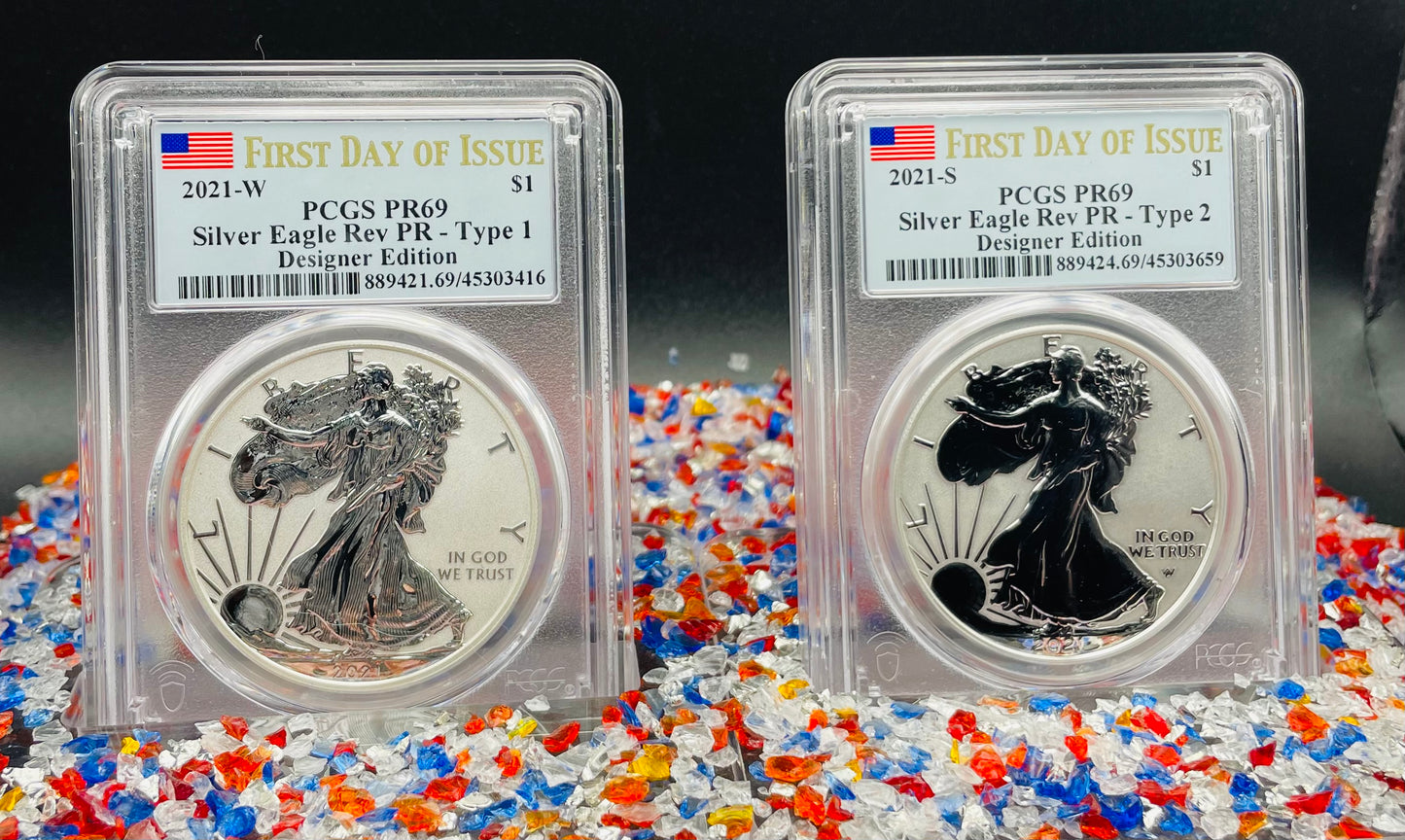 Reverse Proof 2021 Type 1 and Type 2 (2 Coin Set) $1 American Silver Eagle PCGS PF69 FDOI Designer Edition American Flag Holder Mint Condition