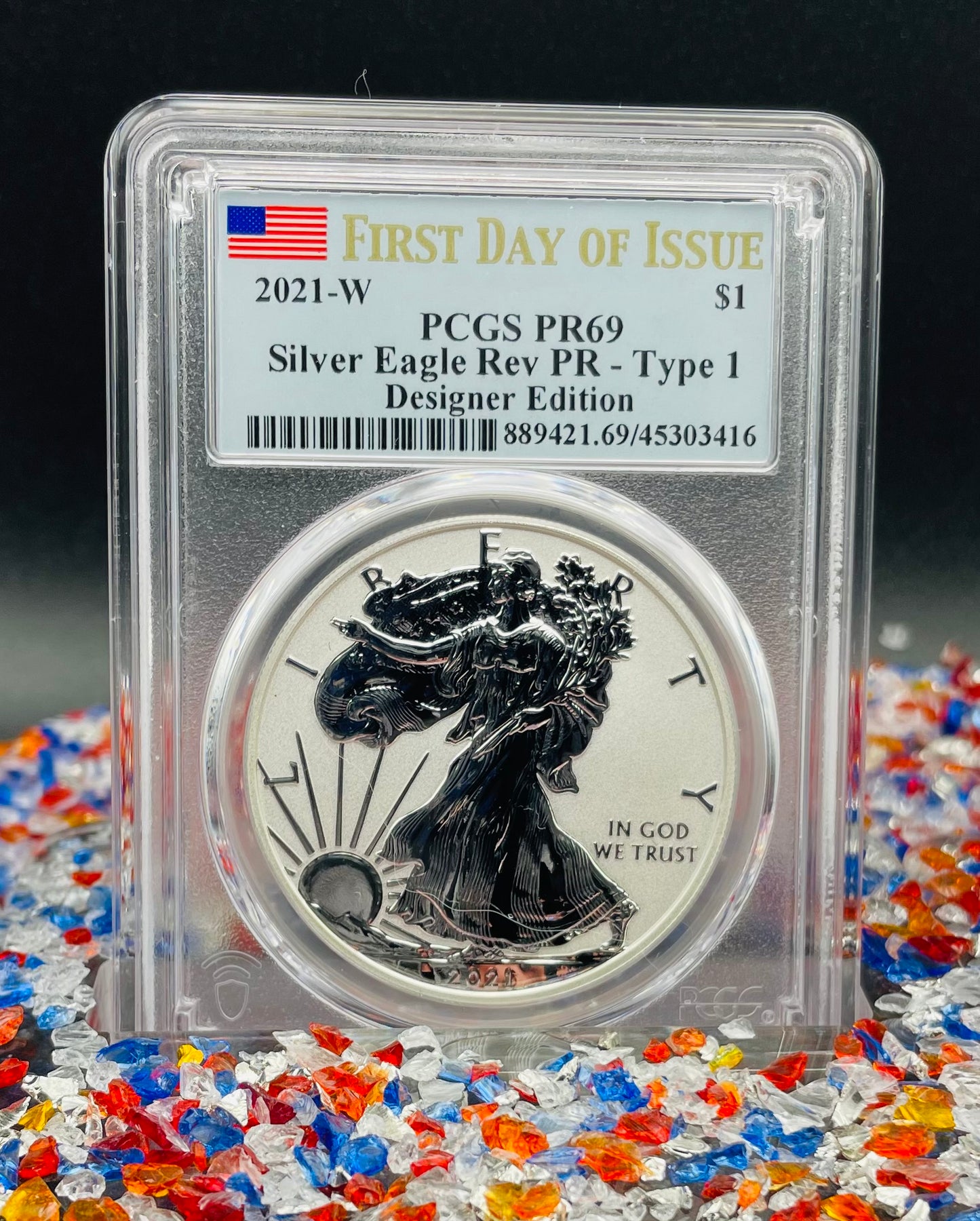 Reverse Proof 2021 Type 1 and Type 2 (2 Coin Set) $1 American Silver Eagle PCGS PF69 FDOI Designer Edition American Flag Holder Mint Condition