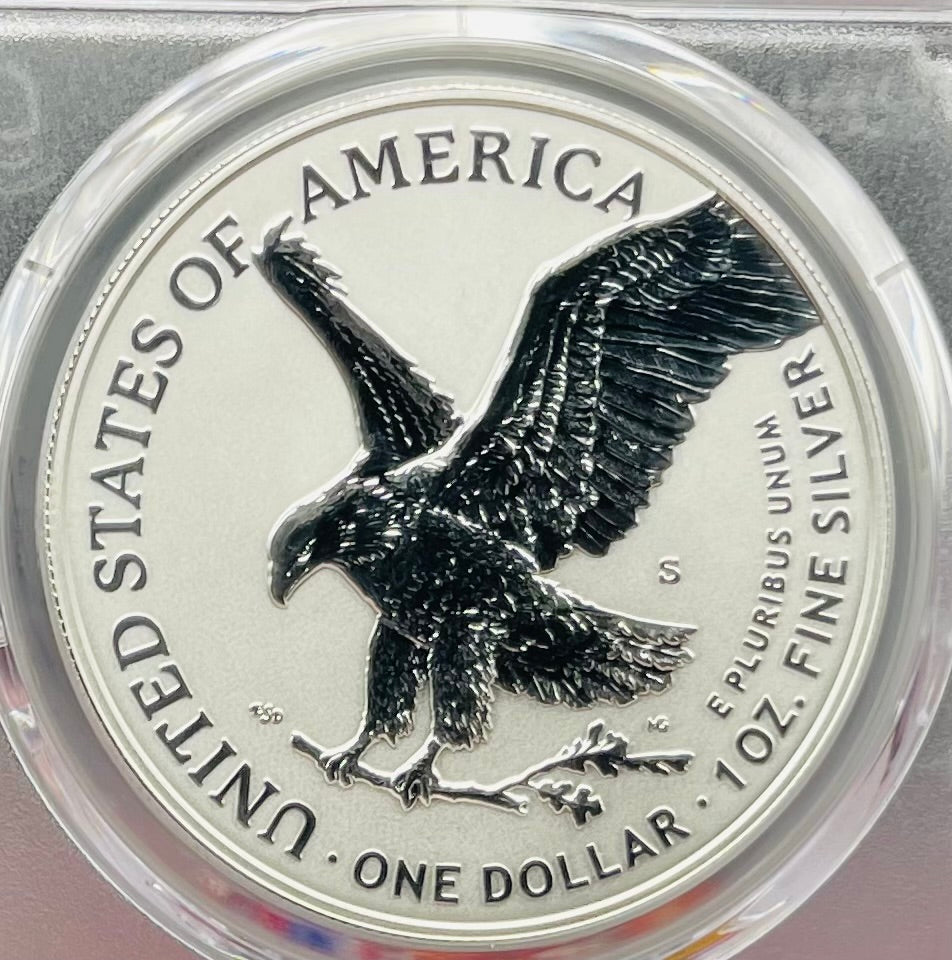 Reverse Proof 2021 Type 1 and Type 2 (2 Coin Set) $1 American Silver Eagle PCGS PF69 FDOI Designer Edition American Flag Holder Mint Condition