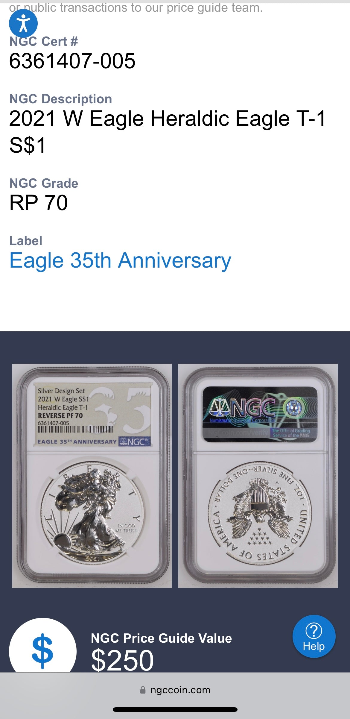 Reverse Proof 2021 (W) $1 American Silver Eagle NGC PF70 Type 1 Silver Design Set 35th Anniversary Label Mint Condition (1 of 7,334)