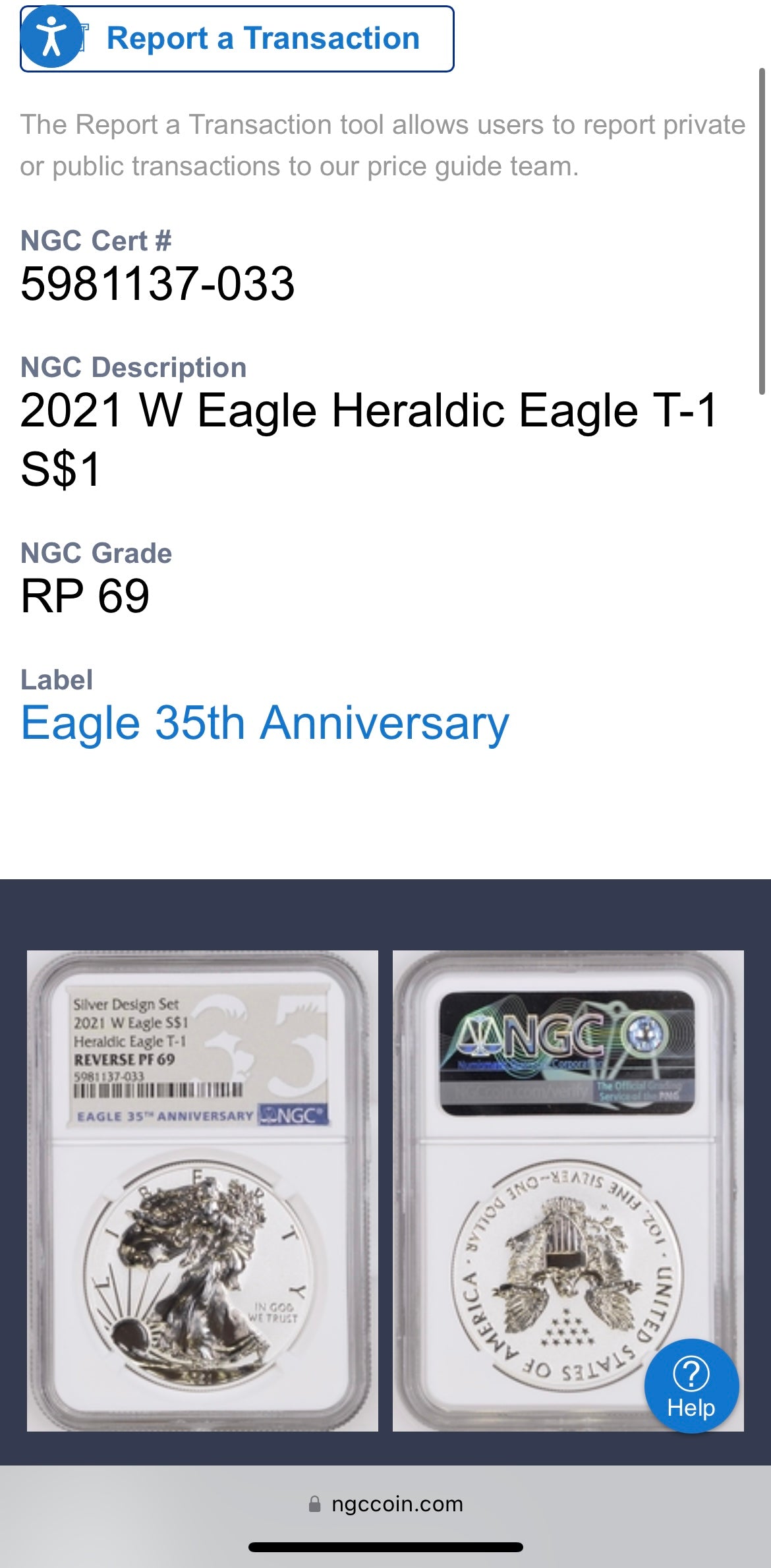 Reverse Proof 2021 (W) $1 American Silver Eagle NGC PF69 Type 1 Silver Design Set 35th Anniversary Label Mint Condition (1 of 2,477)