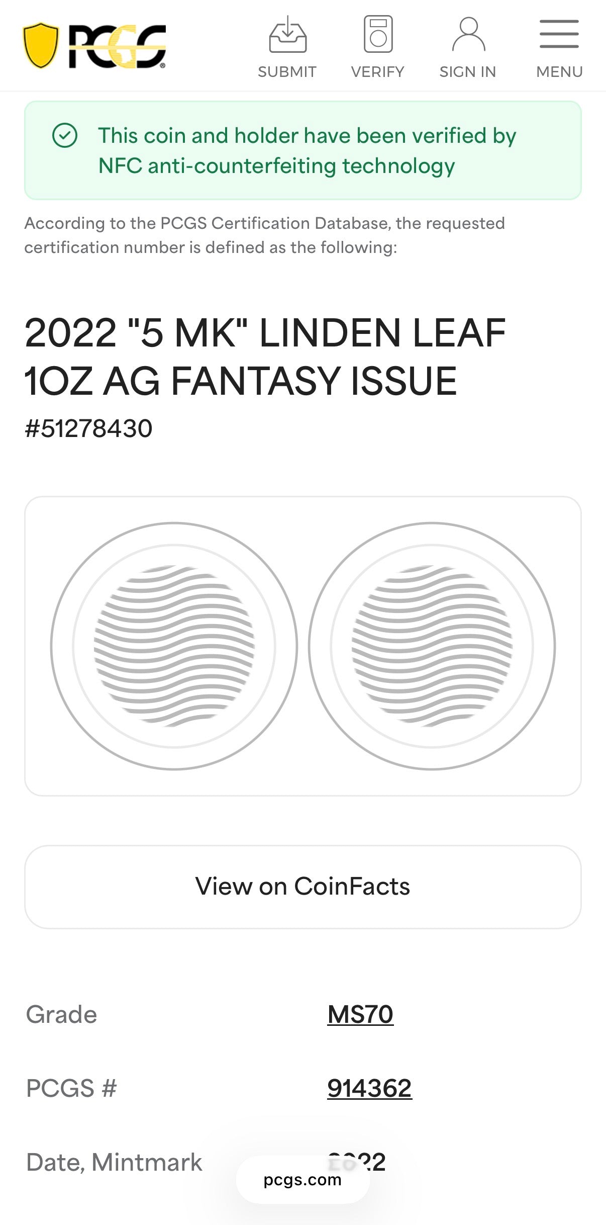 2022 1 oz .9999 Silver Private Issue PCGS MS70 Linden Leaf Proof-like Finish Purple Holder Mint (Rare 1 of 131)