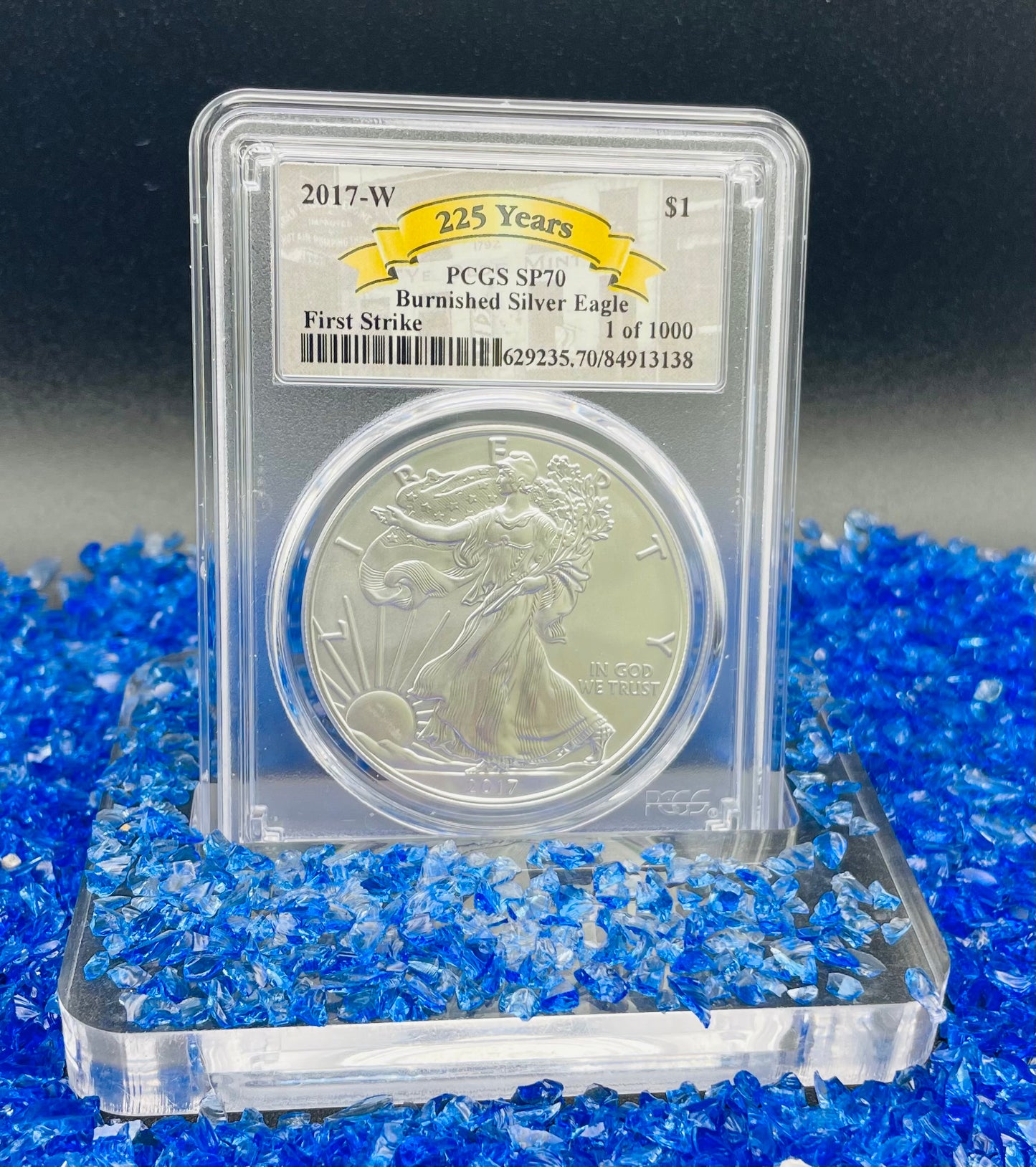 Burnished 2017 (W) $1 American Silver Eagle PCGS SP70 First Strike Rare 225th Anniversary Label Mint Condition (1 of 1,000)