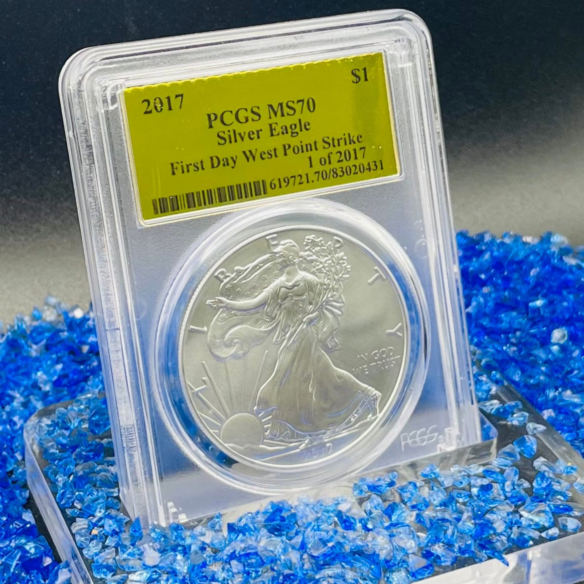 2017 $1 (W) American Silver Eagle PCGS MS70 First Day of Issue Gold Foil Label (Rare 1 of 2,017)