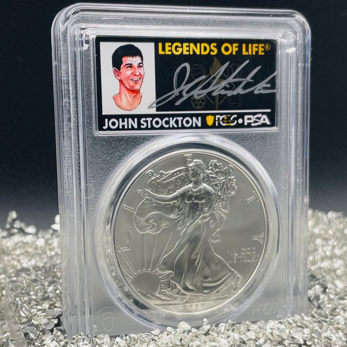 2020 $1 American Silver Eagle PCGS MS70 First Strike Legends of Life NBA Hall of Fame John Stockton Signed Label Mint Condition(1 of 10)