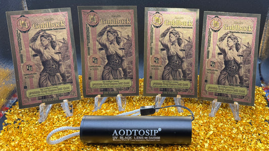 1/1000 OZT 24K GOLD 4x 1/4 IDAHO GOLDBACK AURUM NOTES ALPHA + UV LIGHT + SLEEVE