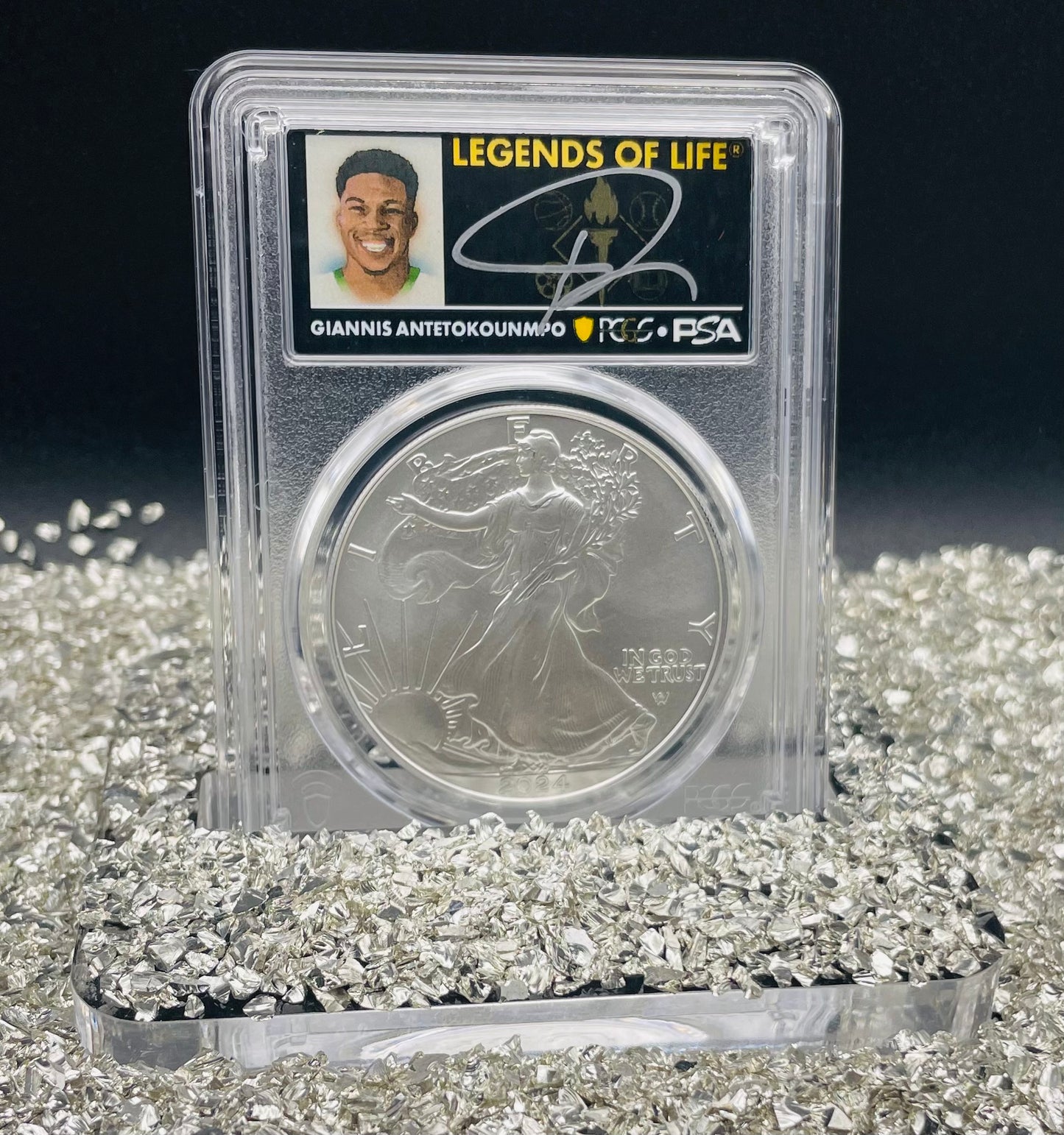 2024 $1 American Silver Eagle PCGS MS70 FDOI Legends of Life NBA Hall of Fame Giannis Antetokounmpo Signed Label (Rare 1 of 20)