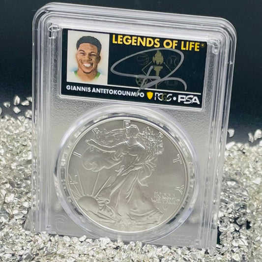 2024 $1 American Silver Eagle PCGS MS70 FDOI Legends of Life NBA Hall of Fame Giannis Antetokounmpo Signed Label (Rare 1 of 20)