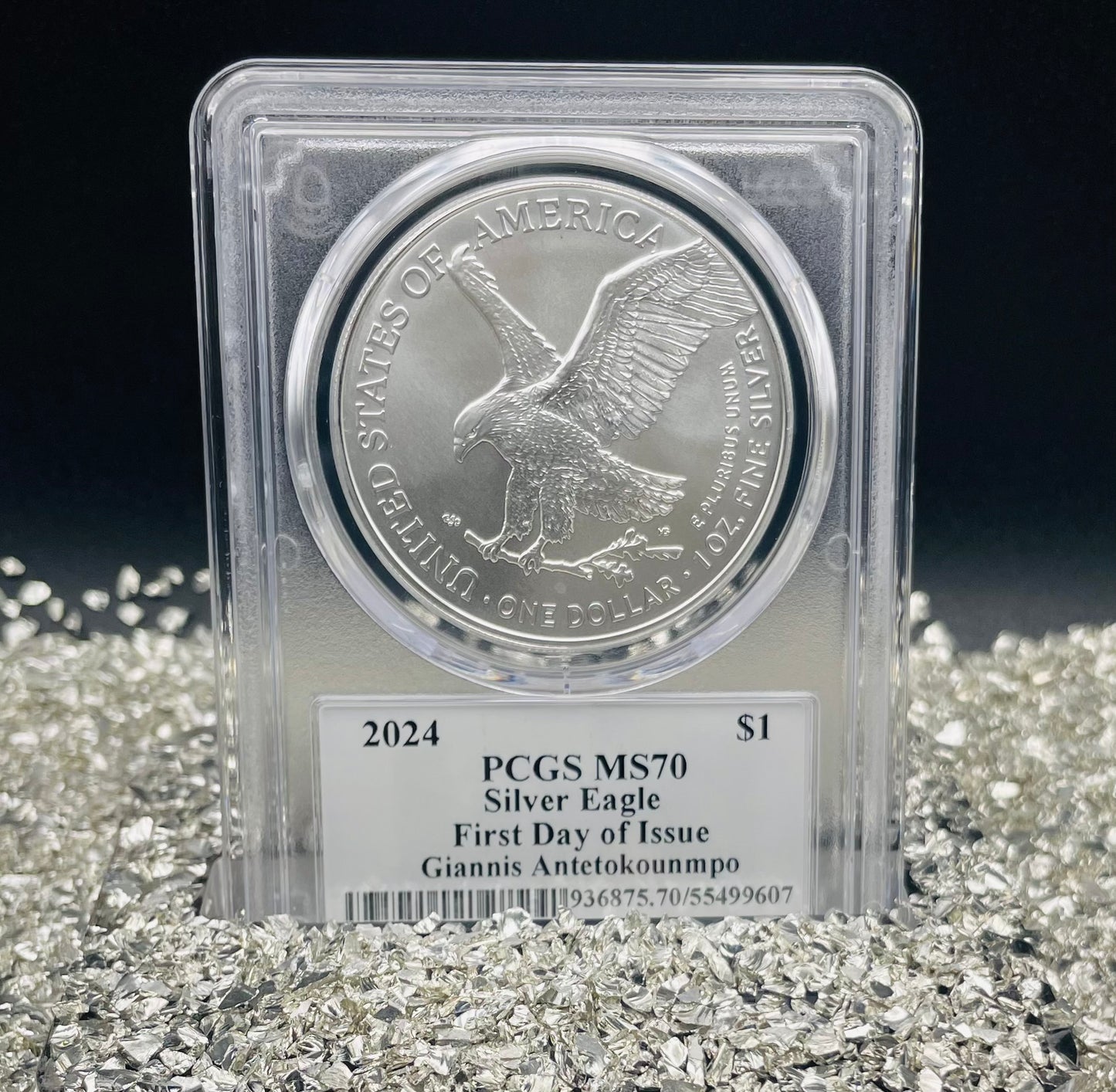 2024 $1 American Silver Eagle PCGS MS70 FDOI Legends of Life NBA Hall of Fame Giannis Antetokounmpo Signed Label (Rare 1 of 20)