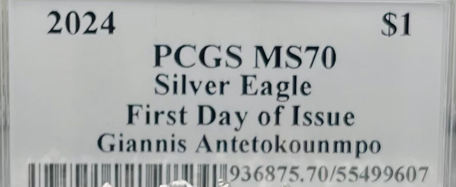 2024 $1 American Silver Eagle PCGS MS70 FDOI Legends of Life NBA Hall of Fame Giannis Antetokounmpo Signed Label (Rare 1 of 20)