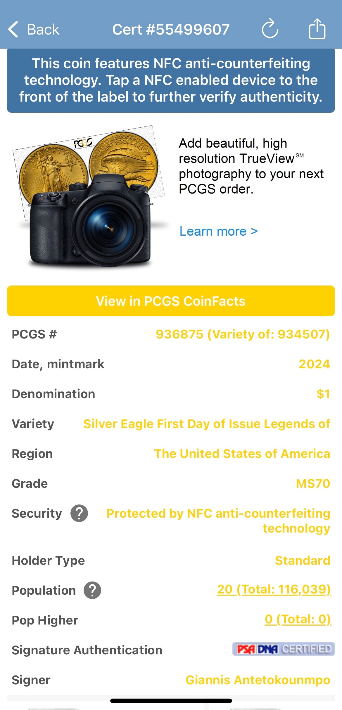 2024 $1 American Silver Eagle PCGS MS70 FDOI Legends of Life NBA Hall of Fame Giannis Antetokounmpo Signed Label (Rare 1 of 20)