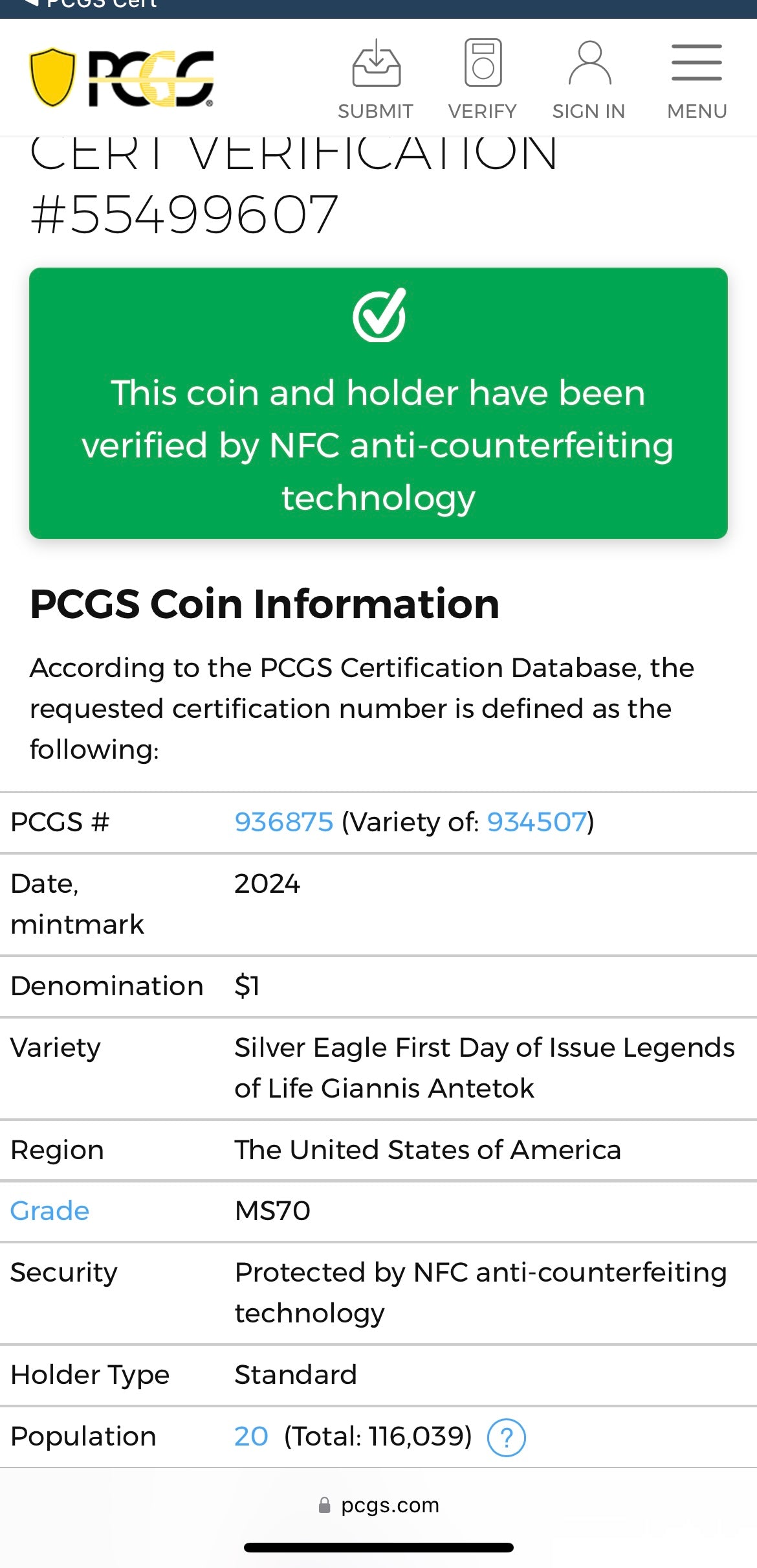 2024 $1 American Silver Eagle PCGS MS70 FDOI Legends of Life NBA Hall of Fame Giannis Antetokounmpo Signed Label (Rare 1 of 20)