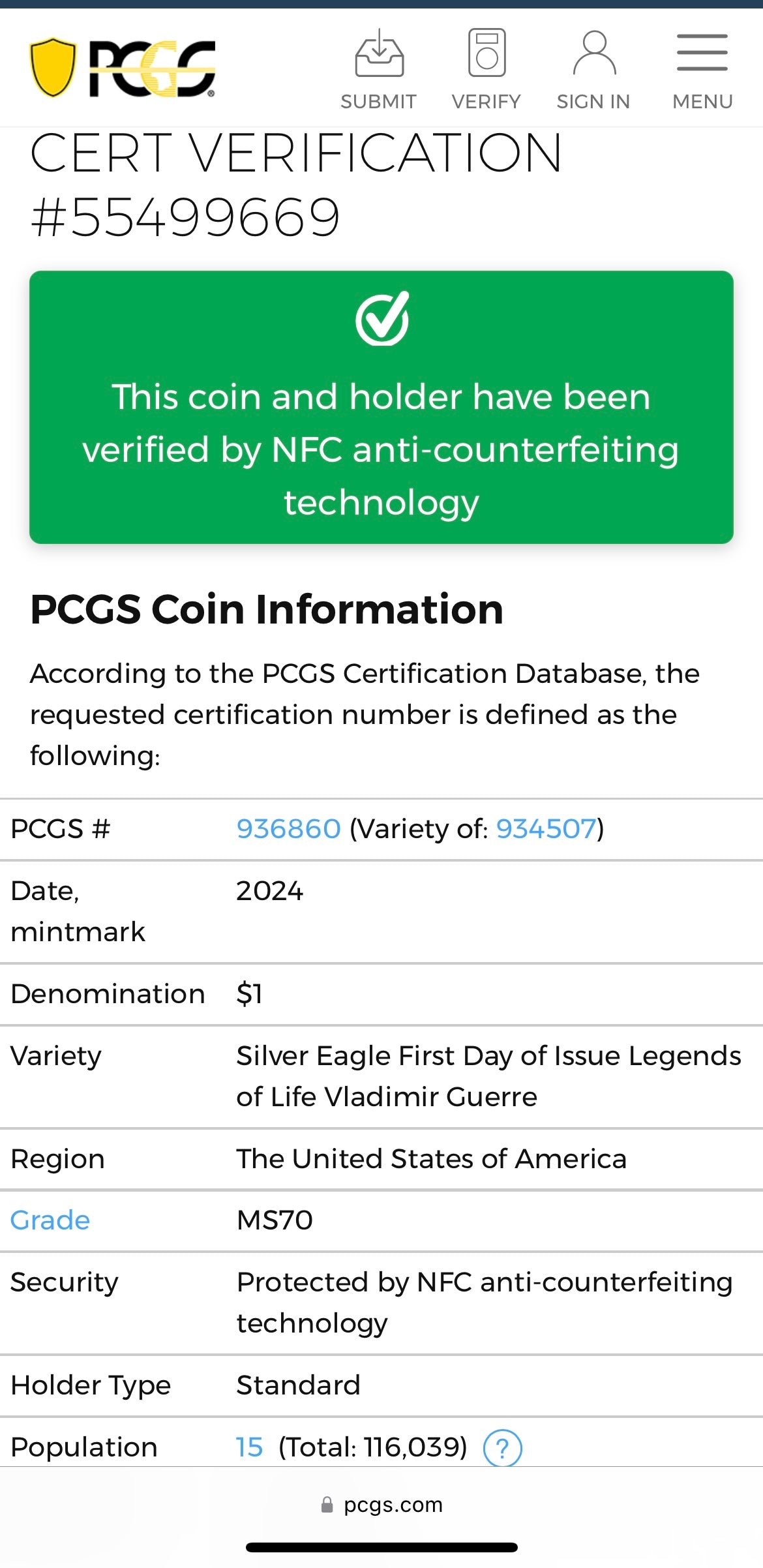 2024 $1 American Silver Eagle PCGS MS70 FDOI Legends of Life MLB Hall of Fame Vladimir Guerrero Signed Label Mint Condition (Rare 1 of 15)